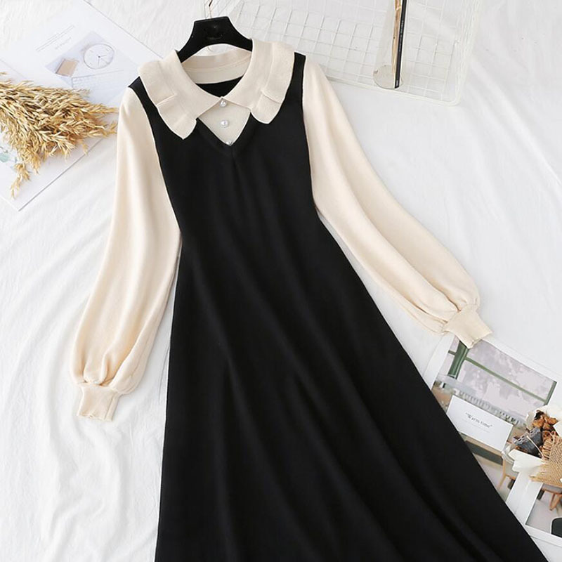 Autumn Winter Long Dress Women Elegant Lotus leaf collar Slim A-line Sweater Dresses Lantern sleeve Office Lady Knitted Dress 210521