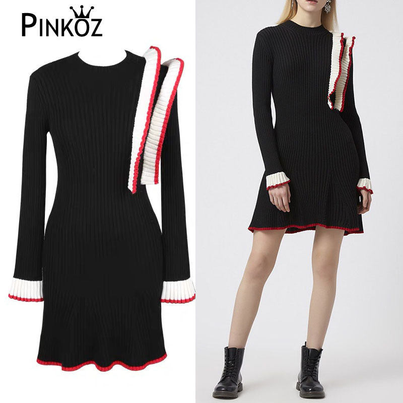 Fashion Elegant Knitted Sweater Mini Dress Spring Autumn Arrival Women Knit Bodycon Ruffles Pullover es 210421