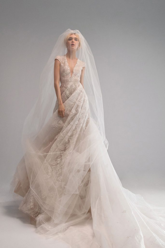 Ersa Atelier 2021 Wedding Dresses A Line Bridal Gowns Short Sleeve V Neck Lace Beaded Appliqued Robe De Mariée