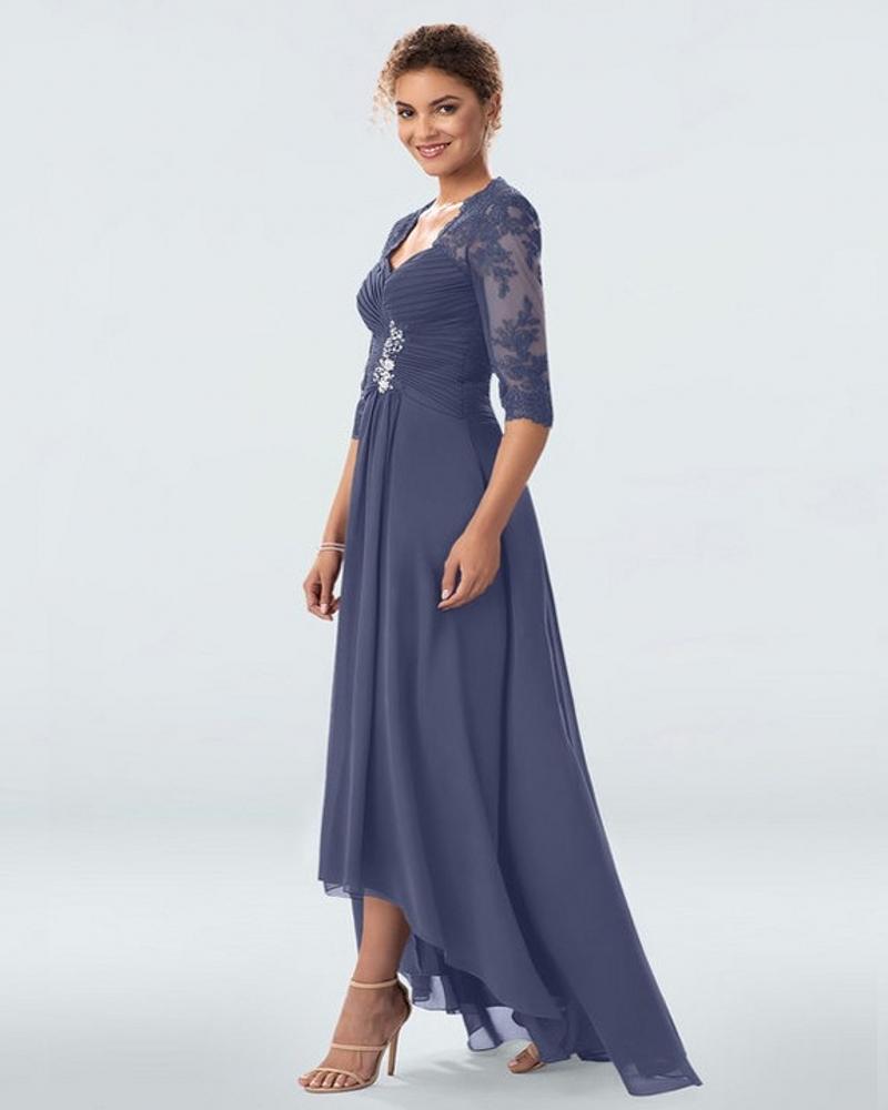 Custom Made Plus Size Chiffon Mother of the Bride Groom Dresses Wedding Party Gowns Lace Hi Lo 3/4 Long Sleeves Fashion Godmother