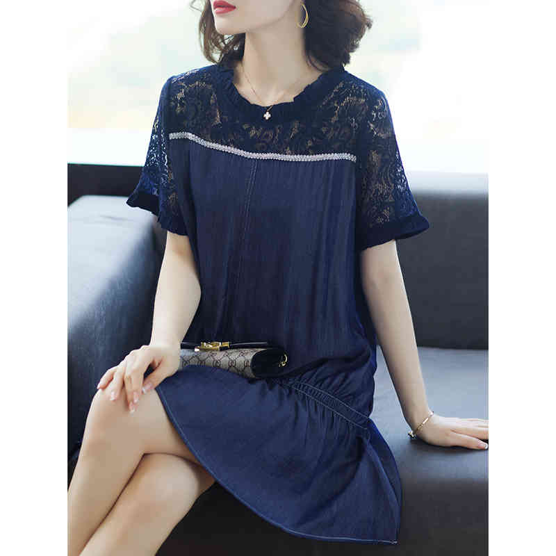 Vintage Plus Size A-Line Lace Denim Patchwork Women Spring Summer Short Sleeve Jeans Ladies Loose Midi Shirt Dress D12801X 210416