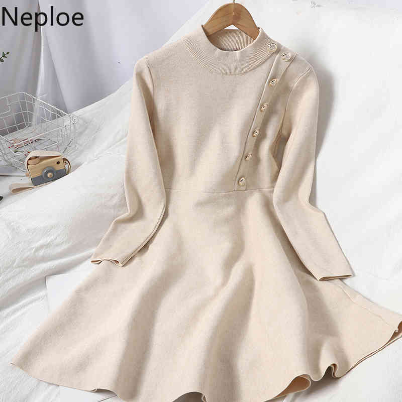 Neploe Knitted Elegant Woman Dress O-neck Single Breasted Vestidos Long Sleeve High Waist A-Line Slim Robe Dresses Women 4G943 210422