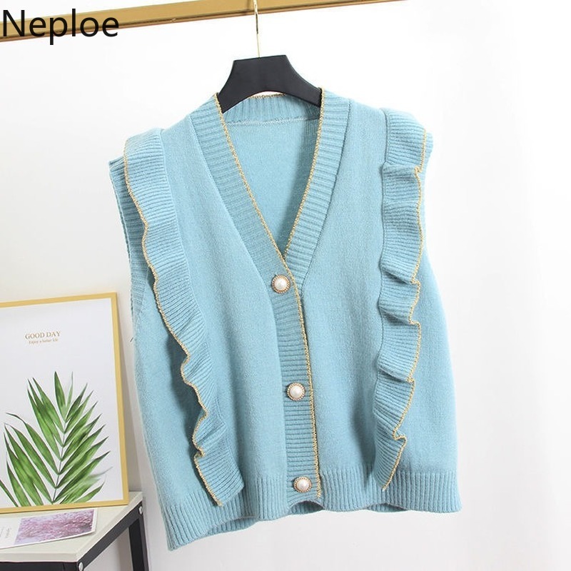 Neploe Knit Sweaters Vest Korean Loose V-neck Sleeveless Waistcoat Sweet Ruffles Fashion Coat Autumn Winter Clothes Tank Tops 210422