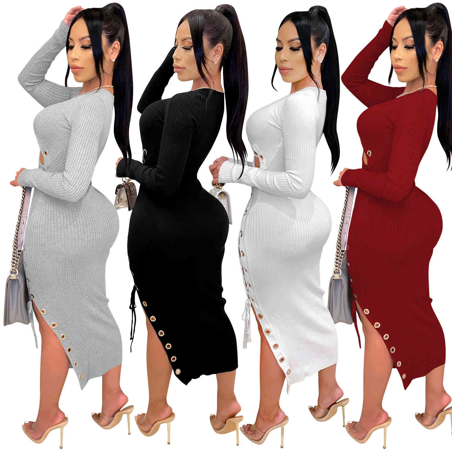 New 2024 Women Autumn And Winter Solid Color Long Sleeve Bandage Dress Sexy Hollow Out Halter Ladies Club Party Dresses