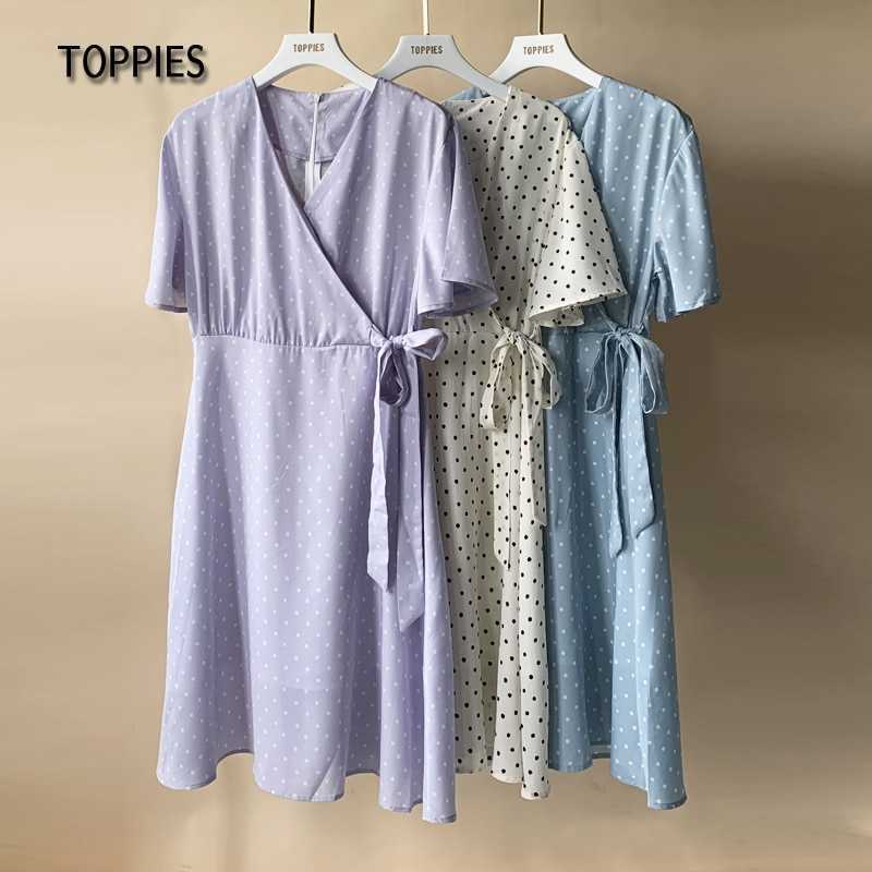 Toppies Summer Short Sleeve Shirts Dress Polka Dot Printing Woman v-neck Lace Up Belt vestido 210623