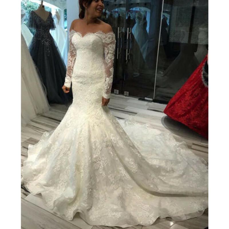 Dresses Gorgeous Mermid Wedding Bridl Gown Lce Applique Sweep Trin Custom Mde Design Long Sleeves Sclloped Off The Shoulder Plus Size Vestido De