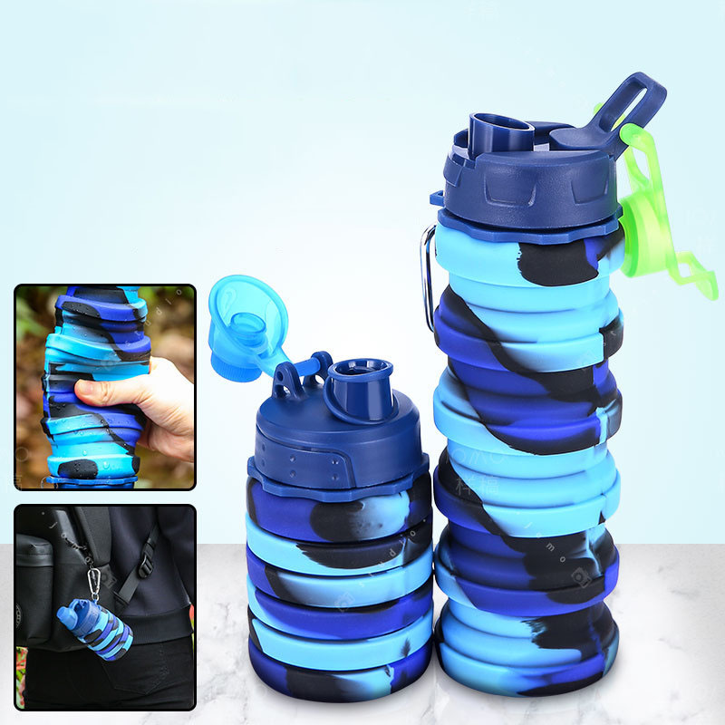 Creative Camouflage Water Bottle Silicone Fold Telescopic Tumbler Carabiner Sports Drinks Cups Portable Hiking Camping Equipment 500ML FY4515 Z260202