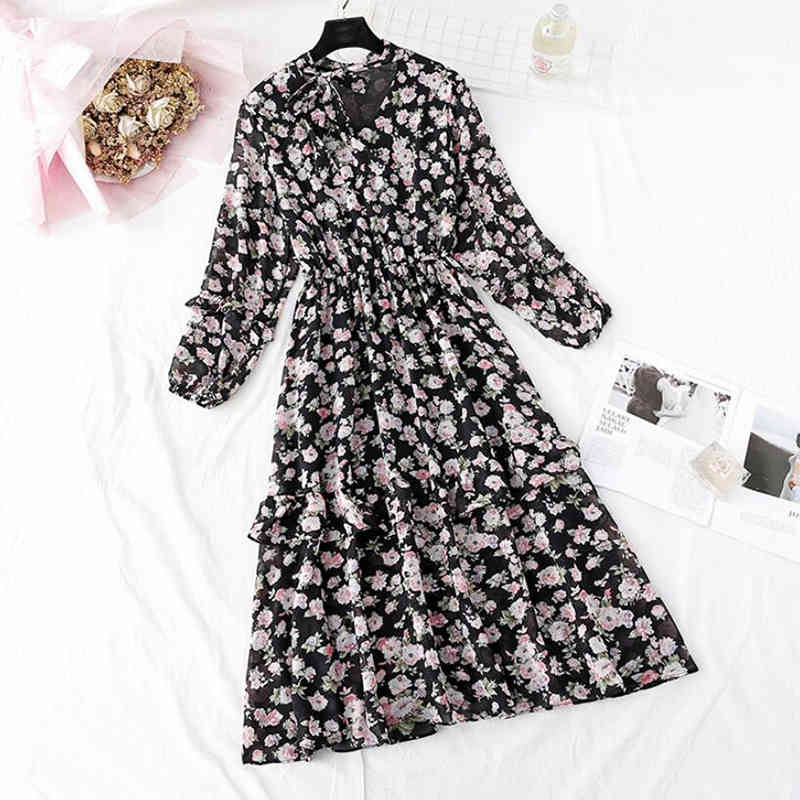 Chiffon Women Dress Vintage Lotus Leaf Flowers Print Party Dress Long Sleeve Vestidos Elegant Women Spring Summer Dress 210521