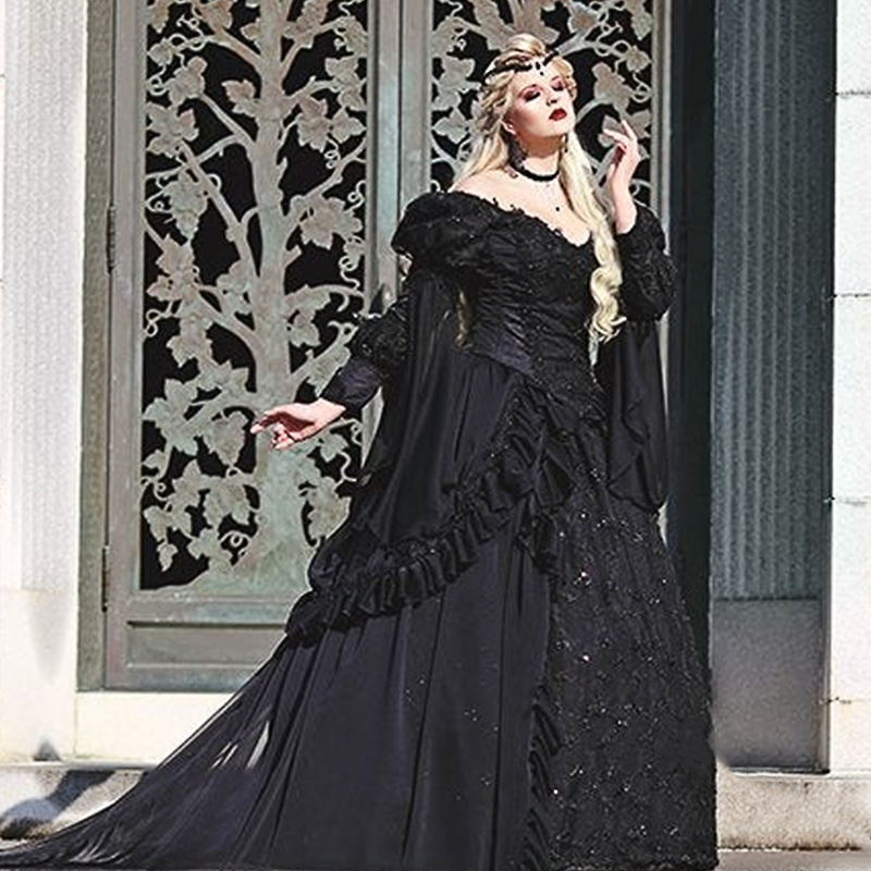 Vintage Medieval Renaissance Ball Gown Wedding Dresses Long Sleeves Black Royal Blue Gothic Hollywood Masquerade Dress For Women Ruffles Off Shoulder 