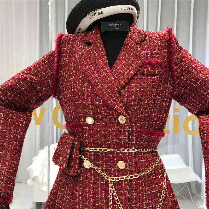 Gold thread Plaid Suit Coat Women Notched Double breasted Feather Tassel Trim Slim Tweed Jacket With Free Belt bag 211104
