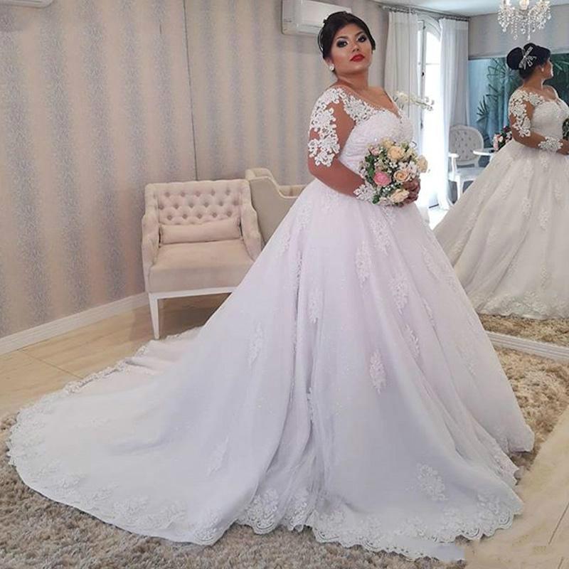 African Plus Size A Line Wedding Dresses Bridal Gowns Scoop Neck Long Sleeves Illusion Lace Appliques Crystal Beads Ball Gown Sweep Train Vestidos De 