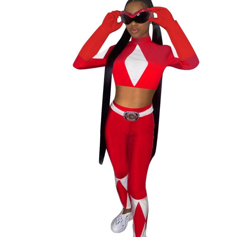 Women Fashion Sexy Locomotive Style Sets Long Sleeve High Collar Top Elastic Pants Two Piece Women's Tracksuits