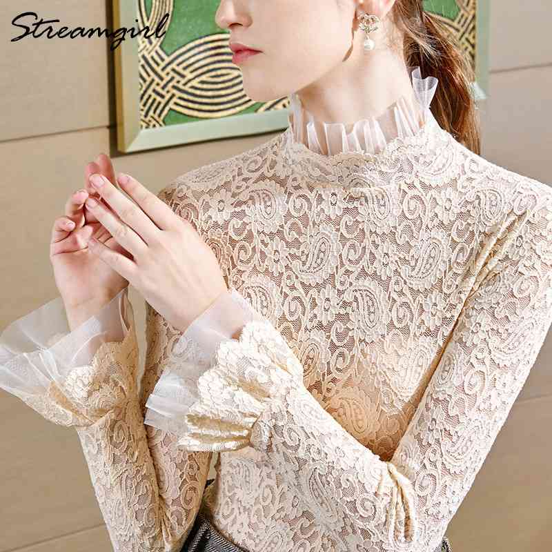 Lace Transparent Blouse Embroided Women Tops Plus Size Elegant White Blouses Lace Ruffles Collar Blouse Long Sleeve Shirt 210421