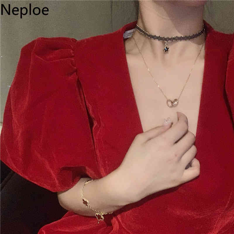 Neploe Woman Dress French Velvet Sweet Puff Sleeve Princess Mini Dresses Women Vintage Slim Waist V-neck Temperament Vestidos 210422