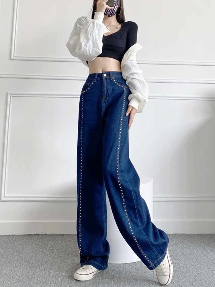 Spring autumn new design womens high waist wide leg loose palazzo denim jeans rivets patchwork long pants trousers SMLXLXXL