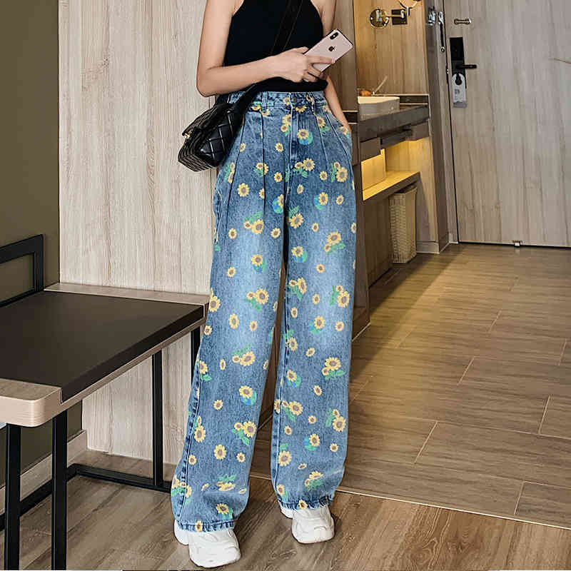 Summer Casual Jeans Woman Long Trousers Cowboy Female Loose Streetwear Small Flowers Wide Leg Pants ZA4513 210427