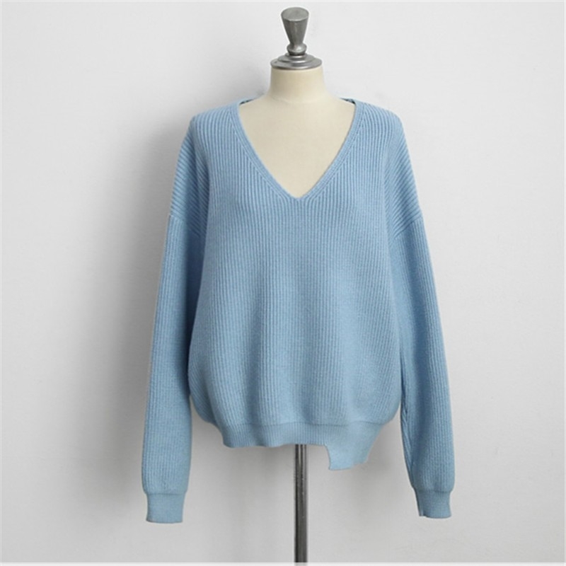 Korean Solid V-neck Pullover Sweater Women Winter Long Sleeve Fashion Loose Ladies Female Tops Jumpers Femme 210514