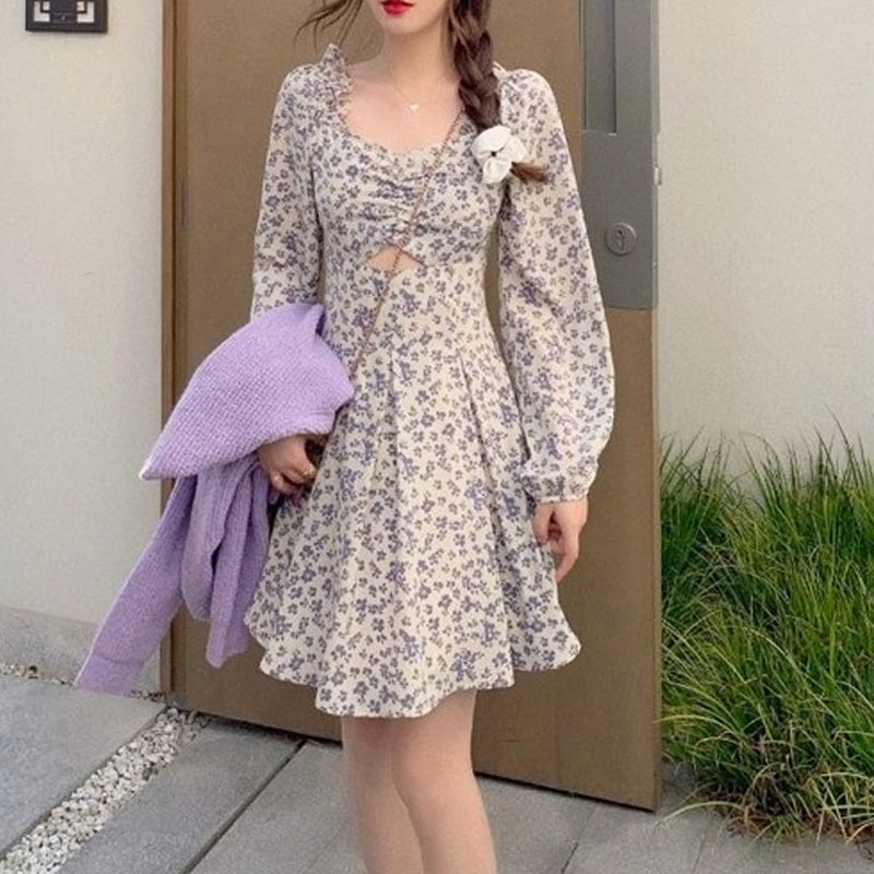 Summer Sweet Floral Mini Dress Women Long Sleeve Elegant Dress Kawaii Hollow Out Beach Party Dress Korean Style Office Lady 210521