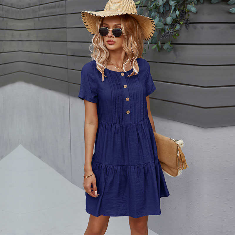 Spring Solid Short Dress Women Casual O Neck Button Summer Dress Ladies Loose Short Sleeve A Line Dresses 210630