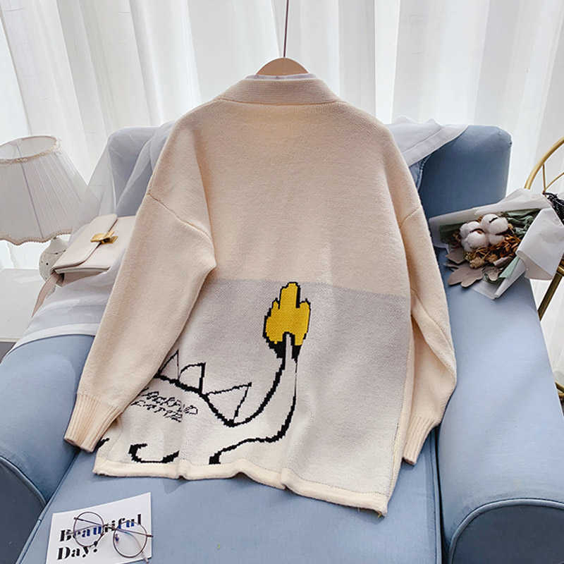 H.SA Korean Style Women Sweater Cardigans Cartoon Cute Dinosaur Jumpers Beige Black kawaii clothes Poncho Knit Jackets 210716