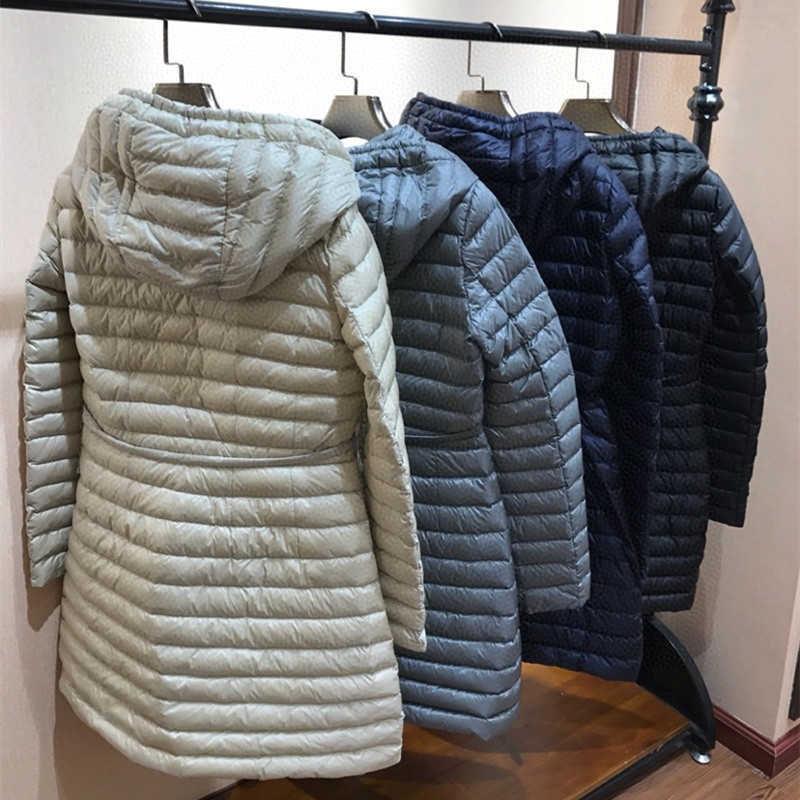 High Quality Women Fashion Light and Warm Down Jackets Winter Hooded Zipper Waist Adjustable Long Down Coats Casual Clothes 210819