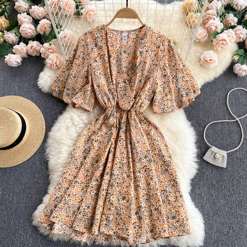 DEAT Women Printing Vacation Dress V-Neck Short Sleeve Arrivals Lady Temperament Fashion Spring Summer 11D582 210709