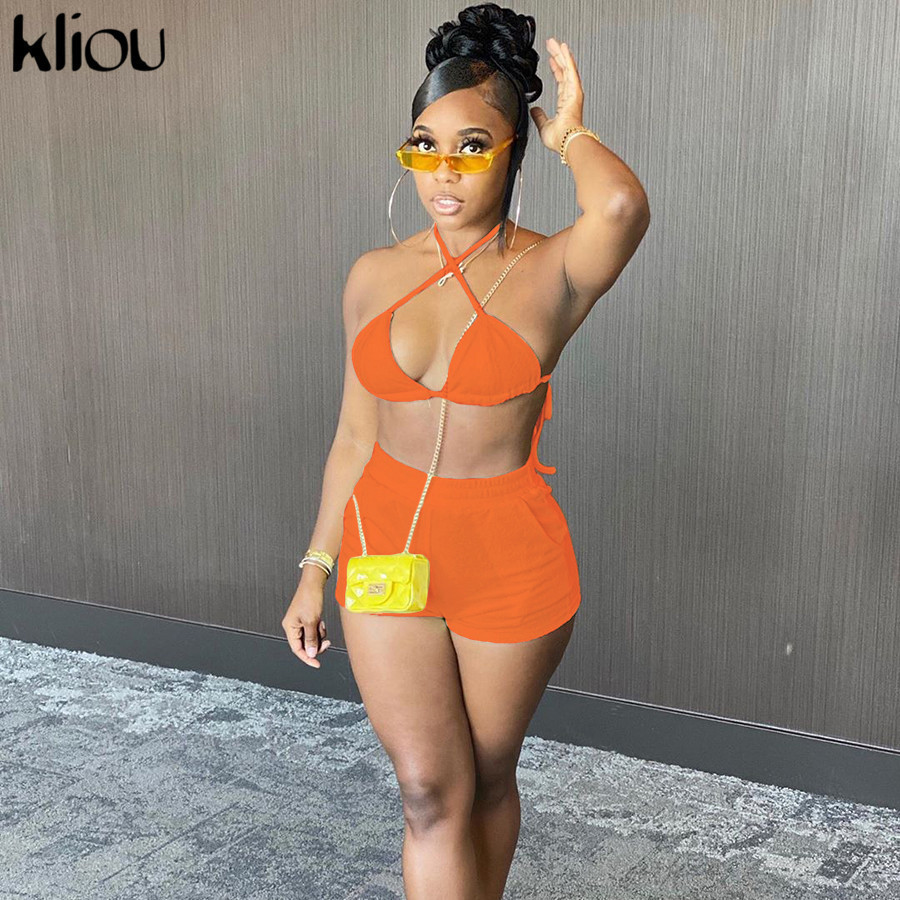 Kliou women two piece outfits fashion halter backless sexy brabiker shorts matching set bandage female vacation party clubwear T200826