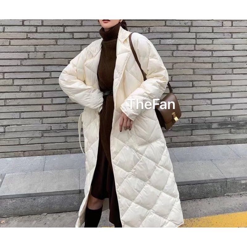 Wonder Long Rhombus Pattern Casual Sashes Women Parkas Pockets Tailored Collar Puffer Cotton-padded Outwear 210510