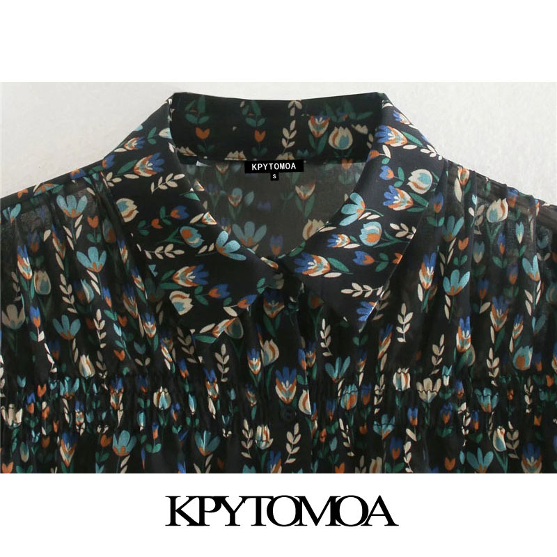 Women Fashion Smocked Floral Print Cropped Blouses Long Sleeve Button-up Female Shirts Blusas Chic Tops 210420