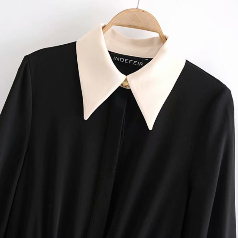 Casual Woman Black Patchwork Dress Fashion Ladies Autumn TurnDown Collar es Female Elegant Long Sleeve 210515