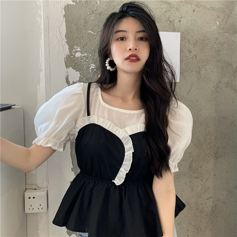 Nomikuma Korean Hit Color Patchwork Women Blouse Tops Ruffle Sweet Puff Sleeve O-neck Blusas Femme Slim Waist Short Shirt 6G319 210427