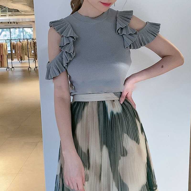 Elegant Solid Ruffles Pleated Shoulder Strapless Sweaters Japan Style Knit Pullovers Summer All-math Women Tops 210525