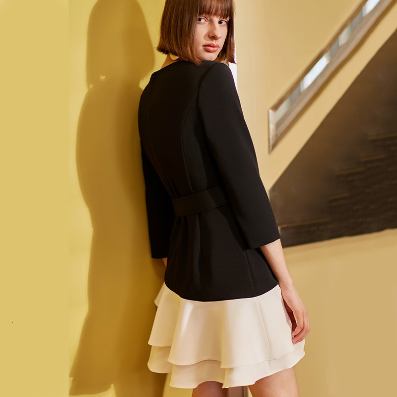 [EAM] Women Black Contrast Color Ruffles Dress Round Neck Long Sleeve Loose Fit Fashion Spring Autumn 1H003 21512