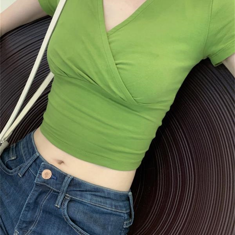 Summer Sexy Women Slim Crop Top Tees T Shirt Low Cut Short Sleeve Solid Female Teenage Girls Femmes t-shirt Cross Wrap 210406