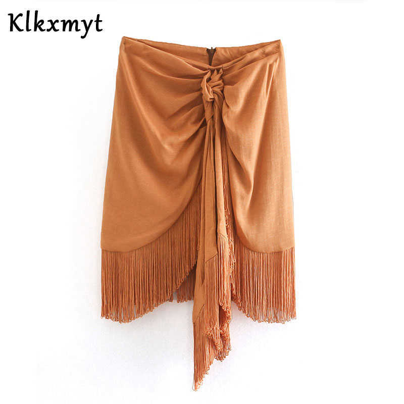 Klkxmyt Za Skirts Women Fashion With Tassel Knot Detail Mini Skirt Vintage High Waist Back Zipper Female Mujer 210527