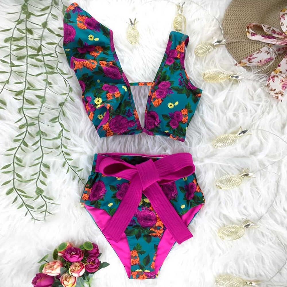 Two-Pieces Women Floral Push-Up Padded Bra Ruffles Bandage Bikini Set Swimsuit Swimwear Bathing Suit Beachwear Biquini 210625