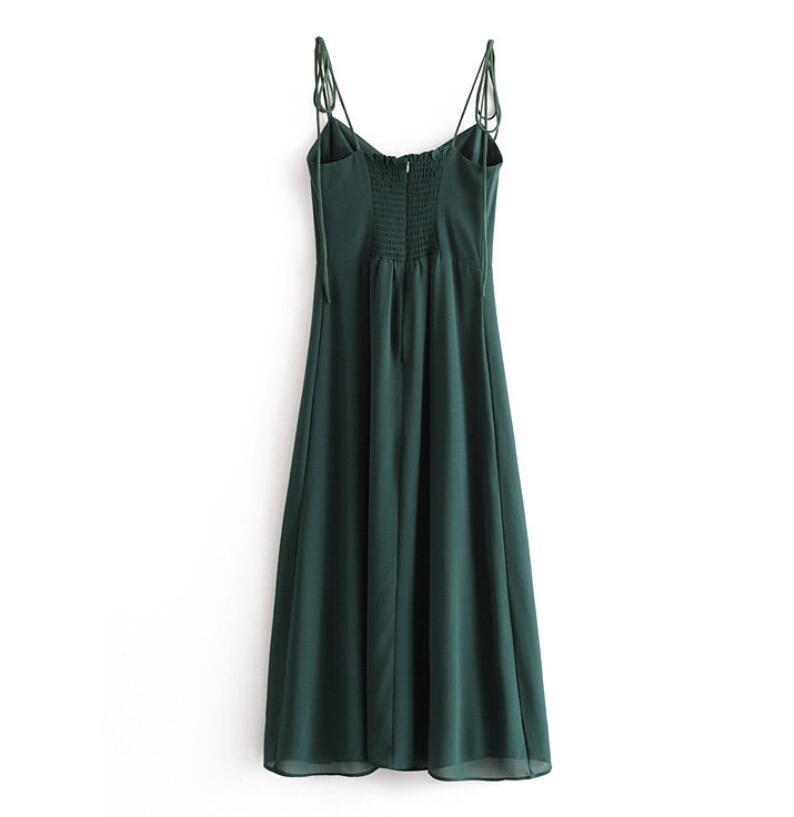 French Women Dress Solid Green Color Bandage Lacing up Spaghetti Strap Mid-Calf Slit Dresses Party Fashion Female Clothes 210429
