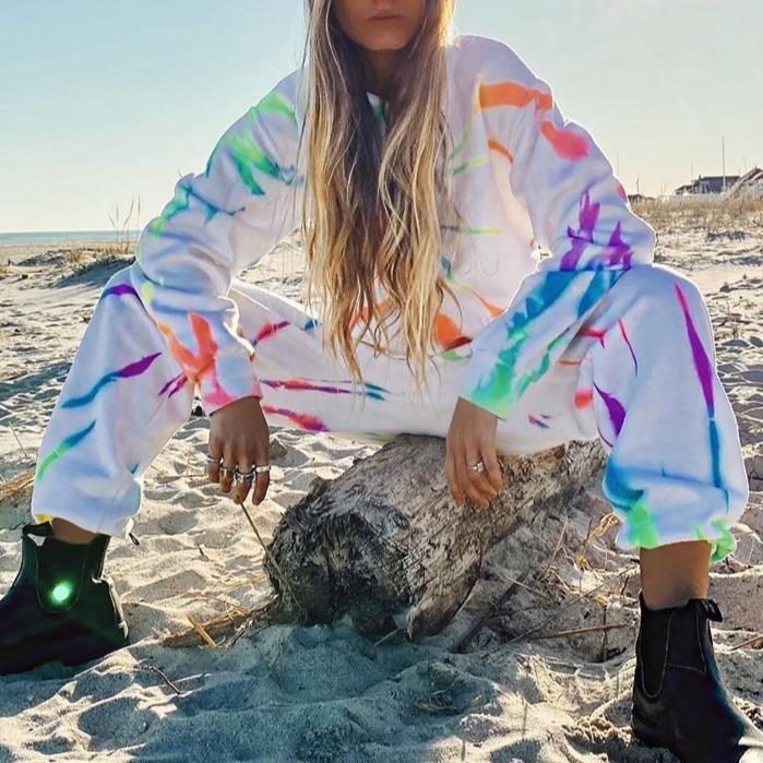 Tie Dye Printed Women Pajamas Set Long Sleeve Tops And Pants Lounge Wear Two Piece Dress