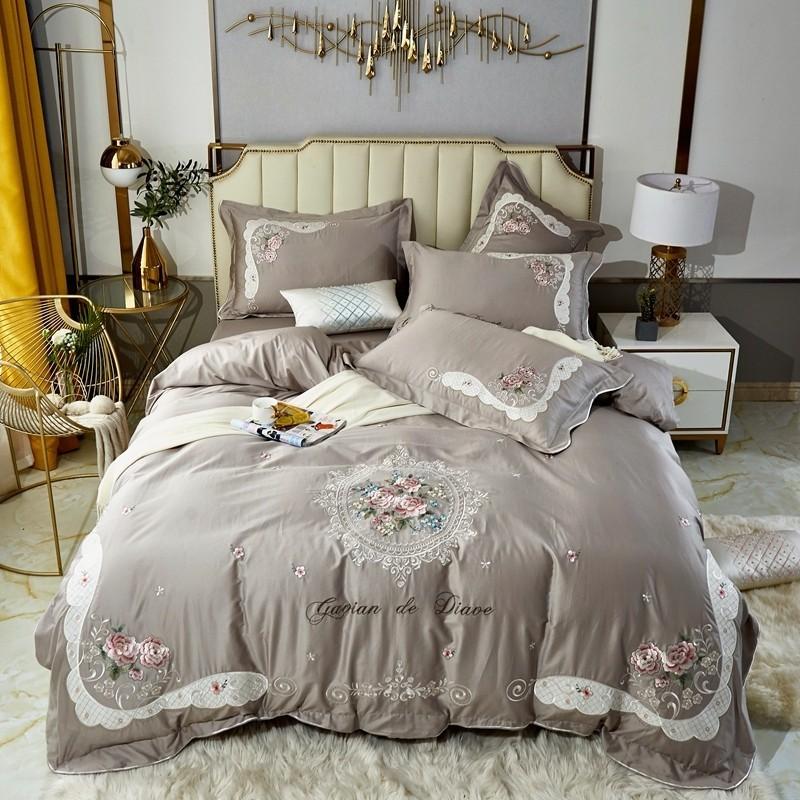 Premium Egyptian Cotton Floral Embroidery Bedding Set Yellow Grey Vintage Duvet Cover Bed Sheet Pillowcases Queen King Size 4Pcs Sets