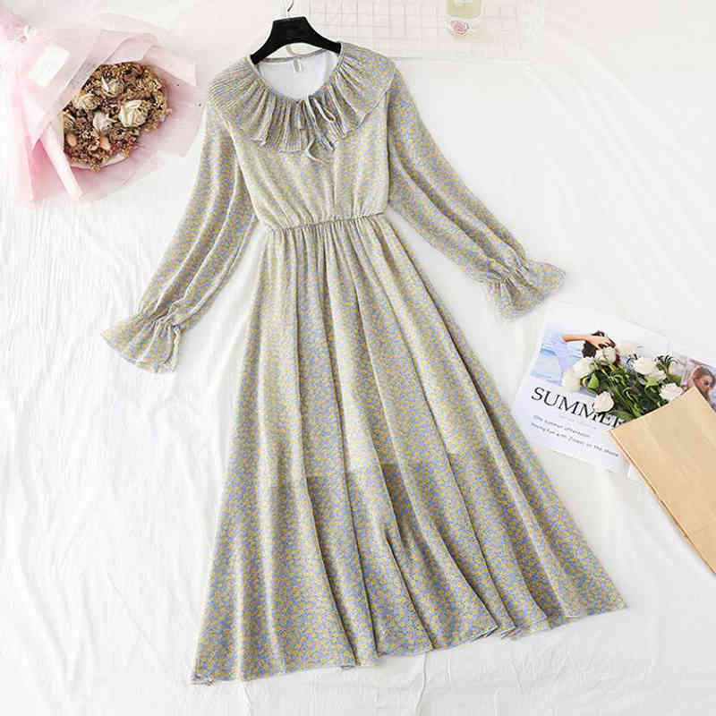 Spring Summer Vintage Print Long Sleeve A-Line Dress Women Sweet Doll Collar Mid-Calf Chiffon Dress Elegant Ruffles Dresses 210521