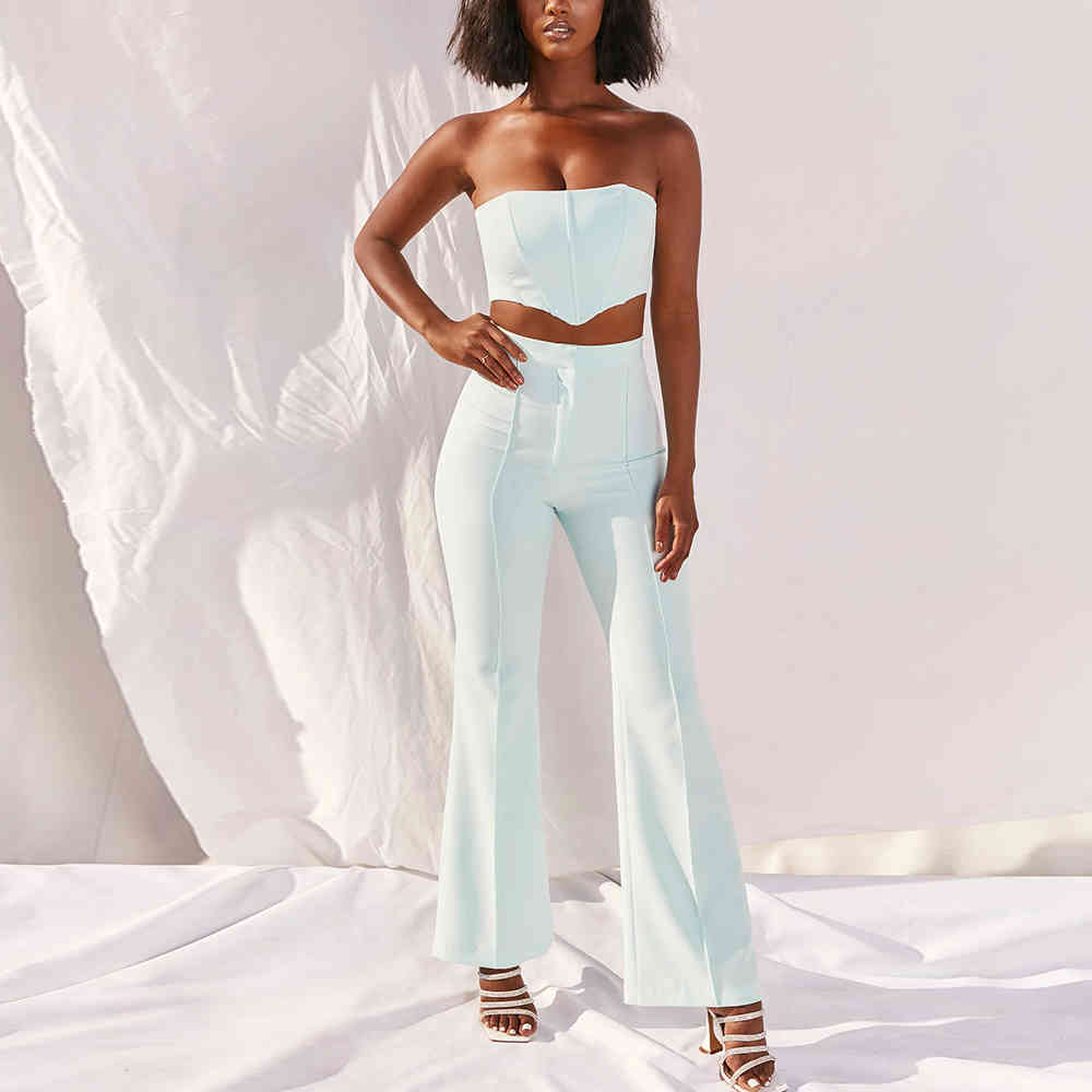 Summer Women White 2 Two Pieces Sets Sexy Sleeveless Tops& Full Pants Club Celebrity Runway Party Casual 210423