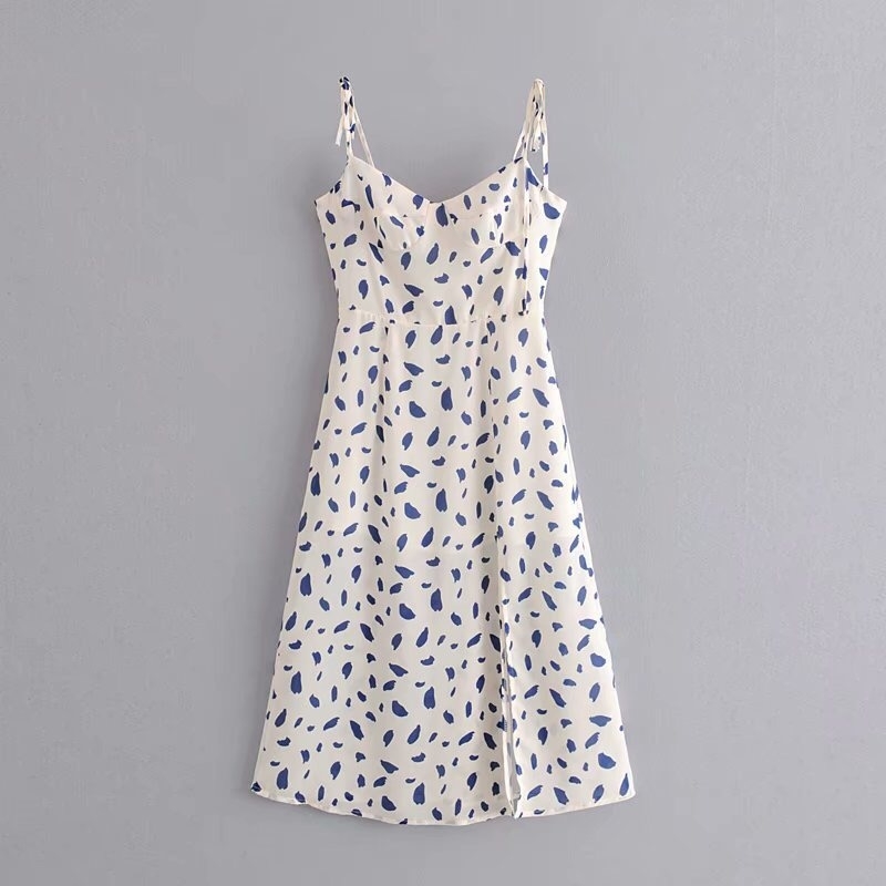 French Summer Leopard Print Bandage Spaghetti Strap White Midi Dress Retro Sexy Women Lacing Up Sling Slit Dresses Vestido 210429