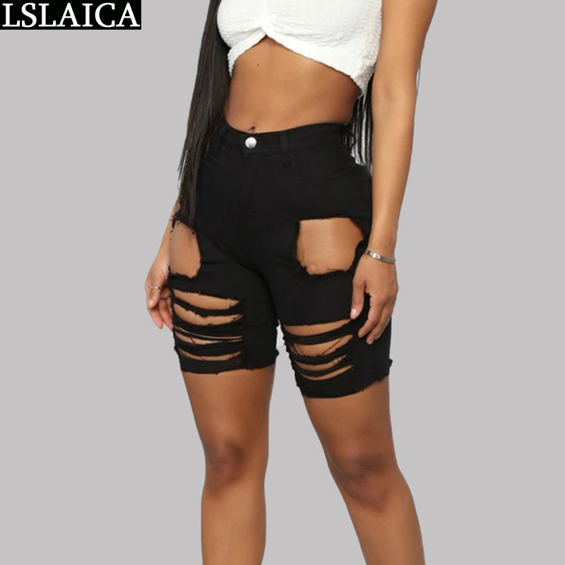 Shorts Women All Match High-waist Denim Half With Big Holes Solid Color Fashion Personalized Casual Mujer Pantalones 210520