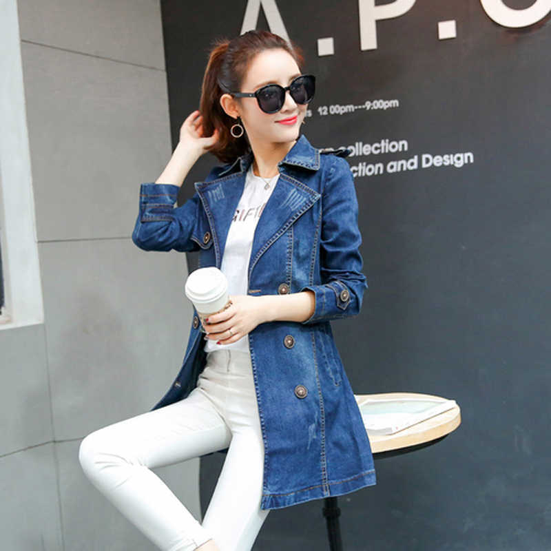 JMPRS Plus Size Women Denim Trench Fashion Autumn Slim Korean Female Long Coat Sleeve Tunic Double Breasted Windbreaker 210820
