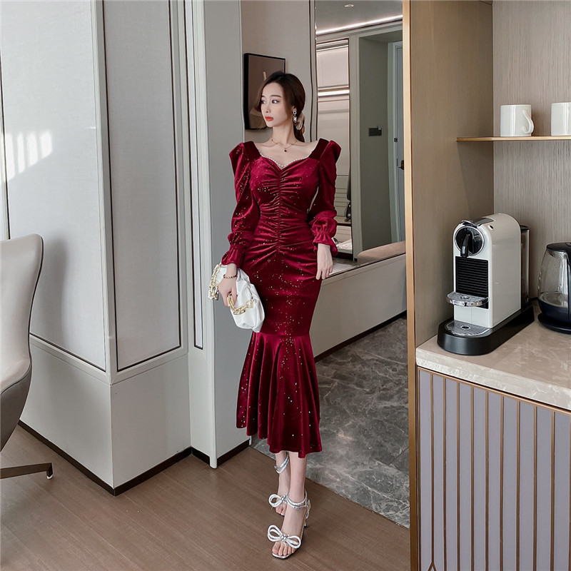 Women Solid Elegant Velvet Long Trumpet Mermaid Dress Spring Autumn Female Clothing 210520