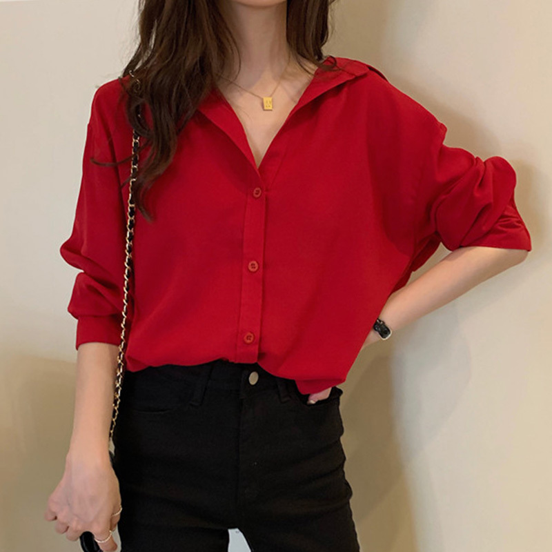 Elegant Minimalist Blouse Women's Lapel Single Breasted Large Size Red Long Sleeve Shirt Female Trend 5A1310 210427