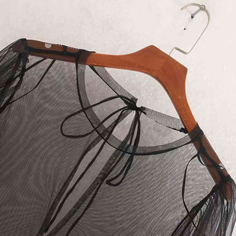 Women Black Mesh Patchwork Dress Transparent Lantern Long Sleeve Chic Mini Lady O Neck Bow Stylish Holiday Female 210515