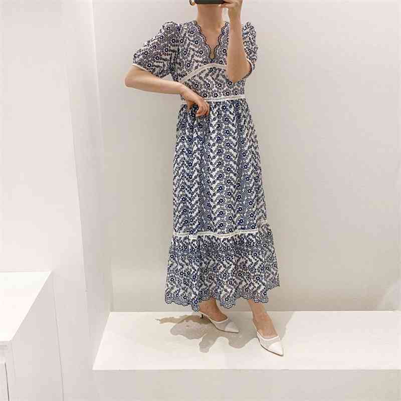 Fashion Korean Chic Style Ladies Maxi Dress Women Lace Hollow Out Embroidery Summer Dresses Vestidos 210520