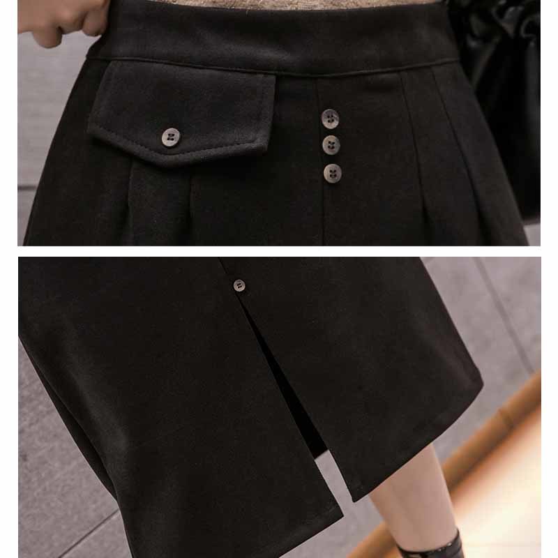 High Waist Slim Mid-length Fashion Woolen H-line Skirt Female Side Slit Single Breaste Hip Woman Faldas 12132 210508