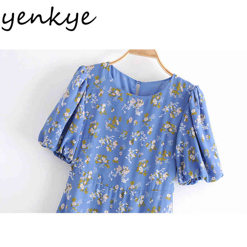 YENKYE Vintage Prairie Chic Floral Print Dress Women O Neck Short Sleeve A-line Holiday Long Dress Female Summer Chiffon Robe 210515